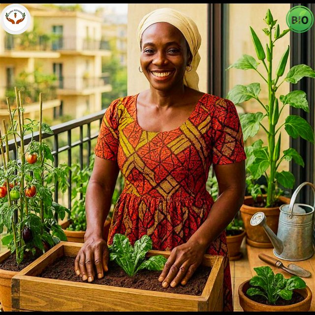 Aminata dans son balcon potager bio à Dakar
